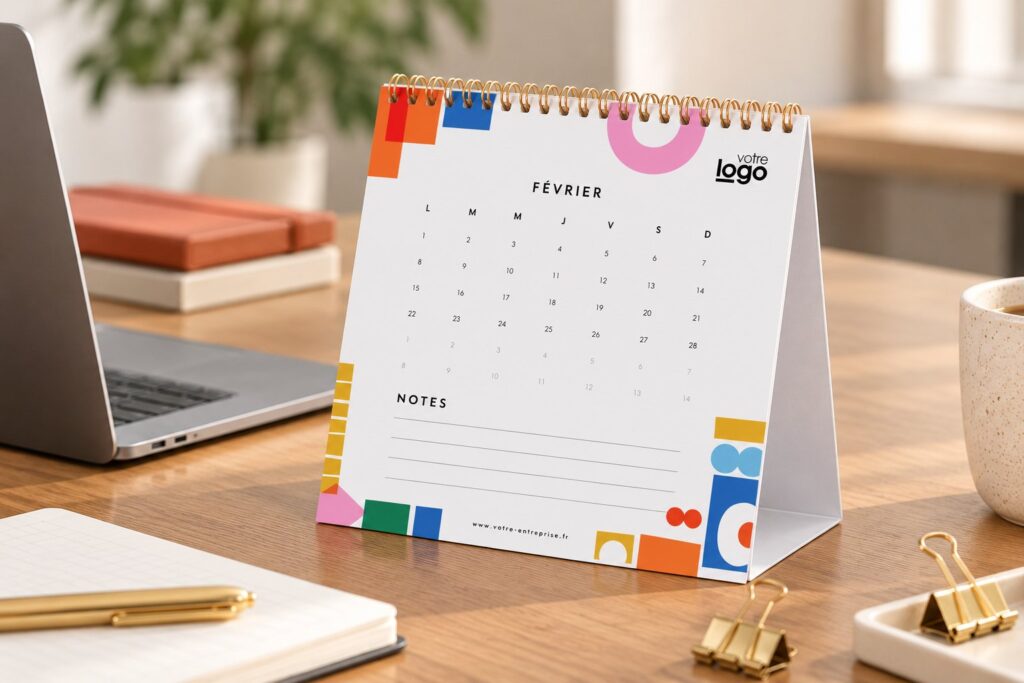 Calendrier de bureau personnalisé et coloré ouvert sur le mois de février