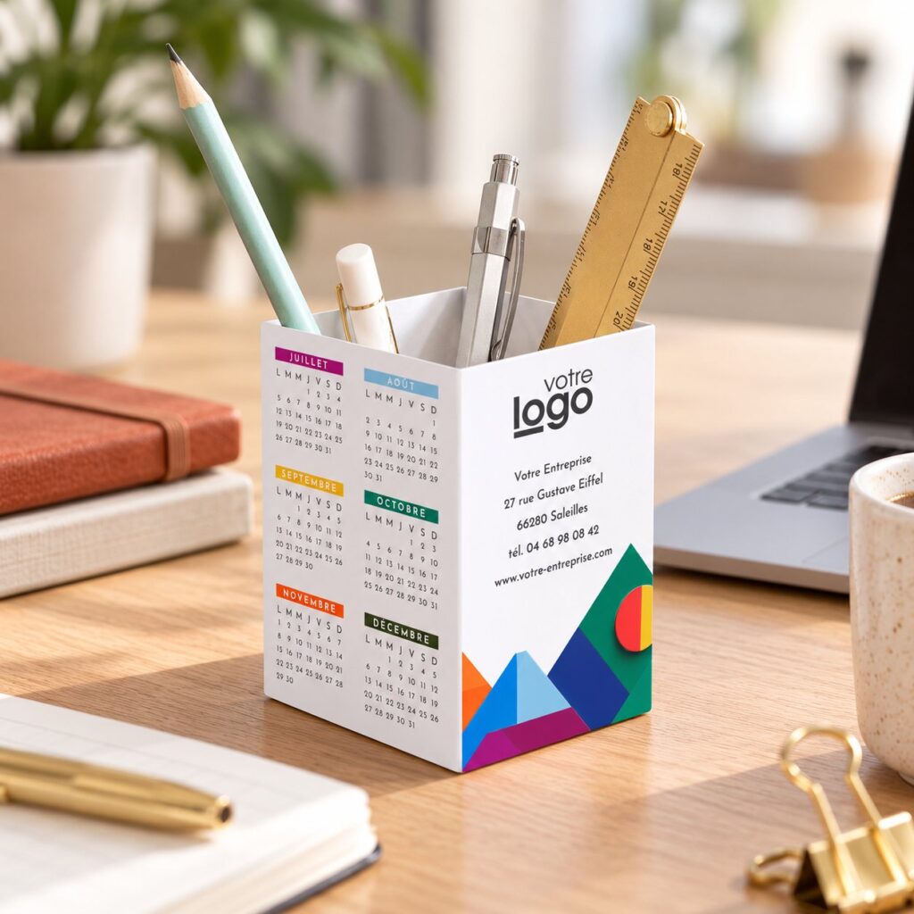 Pot à crayons personnalisé et coloré posé sur un bureau