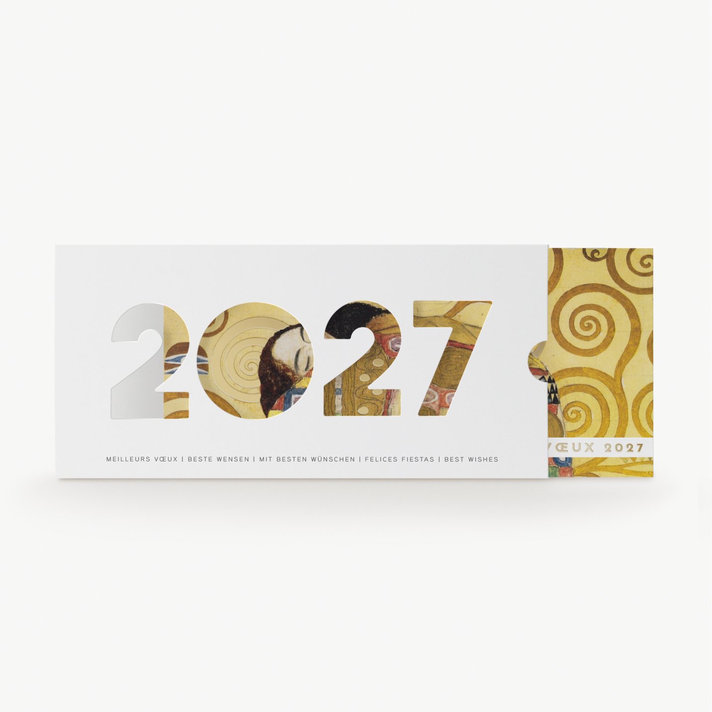 Carte de vœux artistique avec détail du Palais Stoclet de Klimt et découpe 2027